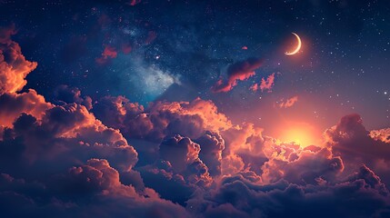 a painting of a night sky with stars and clouds - obrazy, fototapety, plakaty