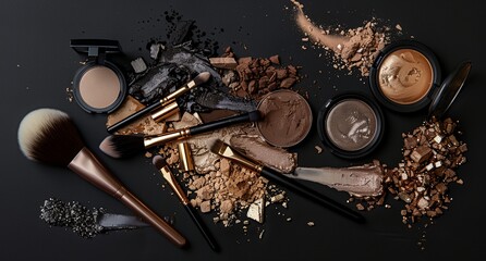 a collection of makeup and eye shadows on a black surface - 766720474
