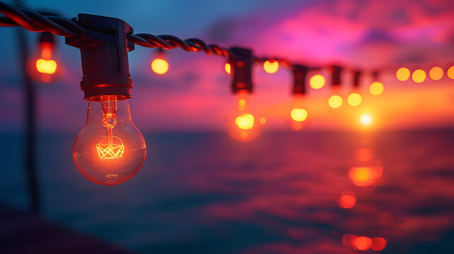 Festive string lights over the ocean, blending the warmth of celebration and cool sea breeze, AI Generative.