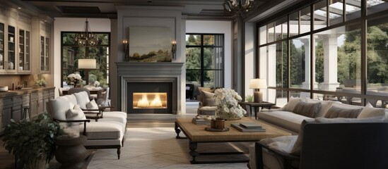 Spacious living area featuring a fireplace and expansive window for natural light