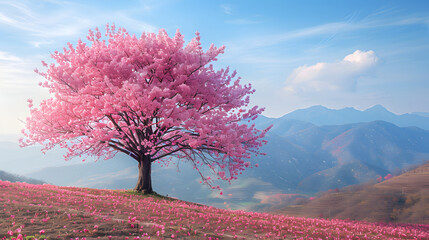 A single pink tree stands on a hillside with a mountain range in the background. The sky is blue...