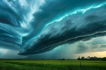 Fototapeten Storm clouds gathering over a vast farmland. © Photock Agency