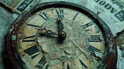 A poignant view of a vintage clock face, its hands frozen at the moment of a historic market crash announcement, with faded newspaper clippings serving as a somber background