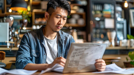 A sorrowful scene of a small business owner reviewing dwindling finances on paper, with the comforting yet contrasting warmth of a coffee shop in the background - obrazy, fototapety, plakaty