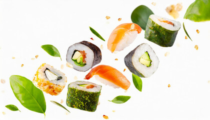 Sushi japanese food falling or flying in the air with green leaves isolated on white background. Generative AI