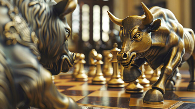 A chessboard, where each piece is a miniature financial icon - bulls and bears, stocks and bonds as pawns, engaging in strategic fiscal gameplay against a backdrop of market volatility