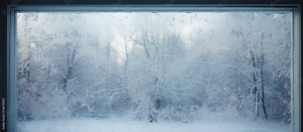 Poster a rectangle window frames a snowy forest landscape, enhancing the freezing atmosphere of winter. twi