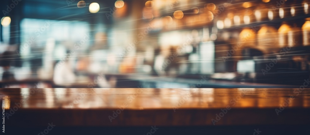 Poster A city bar captured in a blurry image, featuring a wooden table in the foreground. An event display device rests on the table, showcasing a rectangular font