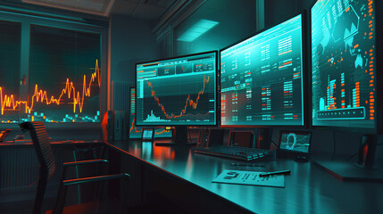 Eerie glow of a computer screen illuminating forgotten financial forecasts on paper, with the quiet of a long-abandoned office space highlighting the unpredictability of markets - obrazy, fototapety, plakaty