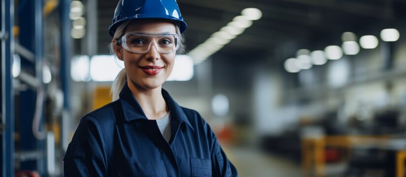 A woman in personal protective equipment, with a hard hat and goggles, is standing in a factory. She is wearing an electric blue helmet and smiling while making a gesture - Powered by Adobe