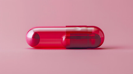 A transparent pink and red capsule pill, on a pink background.