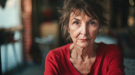 Indoor head shot portrait of serious positive old mature woman in casual looking at camera. posing at home, promoting retirement, elderly healthcare, Senior grandmother woman. Ai generated image - Powered by Adobe