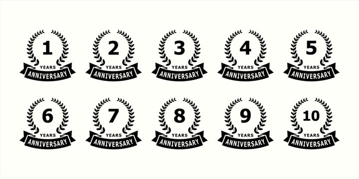 collection of 1st to 10th anniversary logos with a black leaf and ribbon concept on a white background