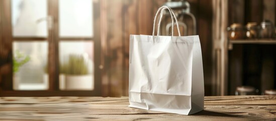 White paper bag on a wooden table for carrying out food