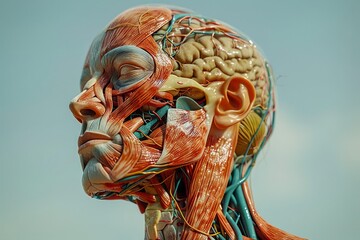 Detailed Human Anatomy Model Showcasing Muscles, Veins, Arteries, and Brain Structures in Scientific Education and Medical Study