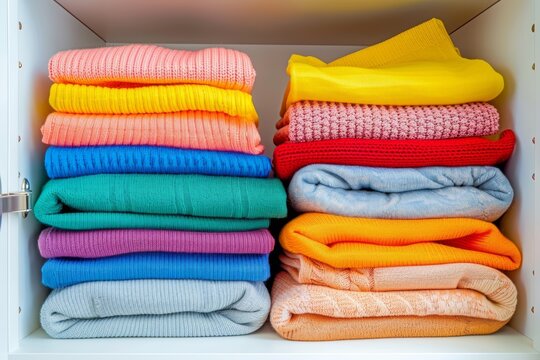 Colorful folded clothes on shelves