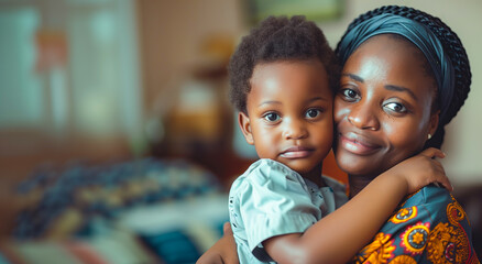 Dia das Mães: Mulher negra abraçando seu filho nesta data especial. Uso: design, propaganda, publicidade, celebração da maternidade e diversidade. - obrazy, fototapety, plakaty