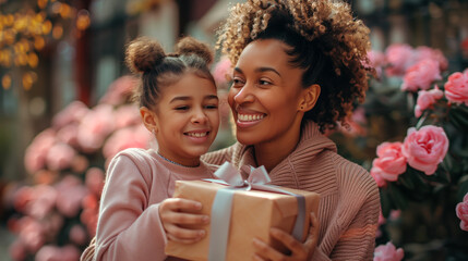 Dia das Mães: Uma mãe negra recebendo uma caixa de presente da filha. Uso: design, propaganda, publicidade, celebração da maternidade e diversidade. - obrazy, fototapety, plakaty