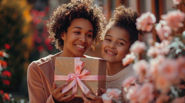 Dia das M&atilde;es: Uma m&atilde;e negra recebendo uma caixa de presente da filha. Uso: design, propaganda, publicidade, celebra&ccedil;&atilde;o da maternidade e diversidade.
