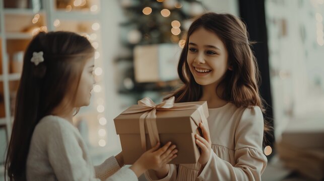 Crian&ccedil;as trocando presentes entre si. Uso: amizade, generosidade, celebra&ccedil;&otilde;es, inf&acirc;ncia