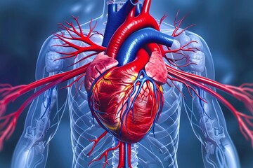 Detailed Human Anatomy Illustration Highlighting Heart and Cardiovascular System - obrazy, fototapety, plakaty