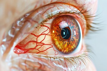 Macro Shot of a Human Eye with Vivid Colors and Detailed Blood Vessels, High Quality Close Up Image of Iris and Cornea for Medical and Artistic Use