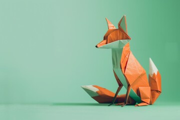 photo of an origami Fox on pastel green background