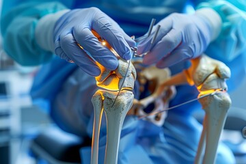 Surgeon Performing Intricate Knee Ligament Surgery in Operating Room with Advanced Medical Equipment