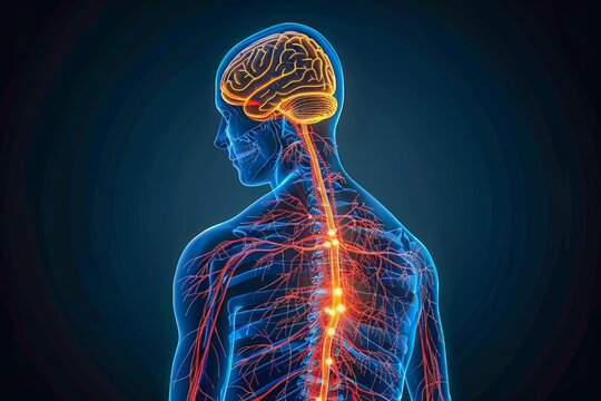 Detailed Human Anatomy Illustration Showing Brain and Nervous System on a Dark Background