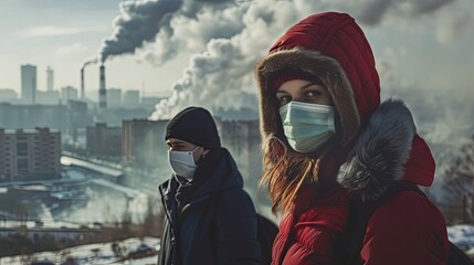People in protective mask. Air pollution city smog from factory concept. Background concept - obrazy, fototapety, plakaty
