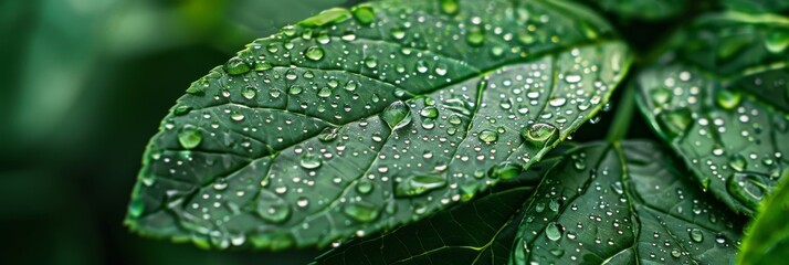 This image captures the freshness of rain-soaked green leaves, with shimmering droplets that convey a sense of renewal and clarity