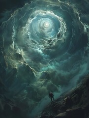 Capture the thrilling essence of daring explorers venturing into subspace realms from a unique aerial perspective Show their journey with a sense of awe and mystery, emphasizing the vastness and unkno