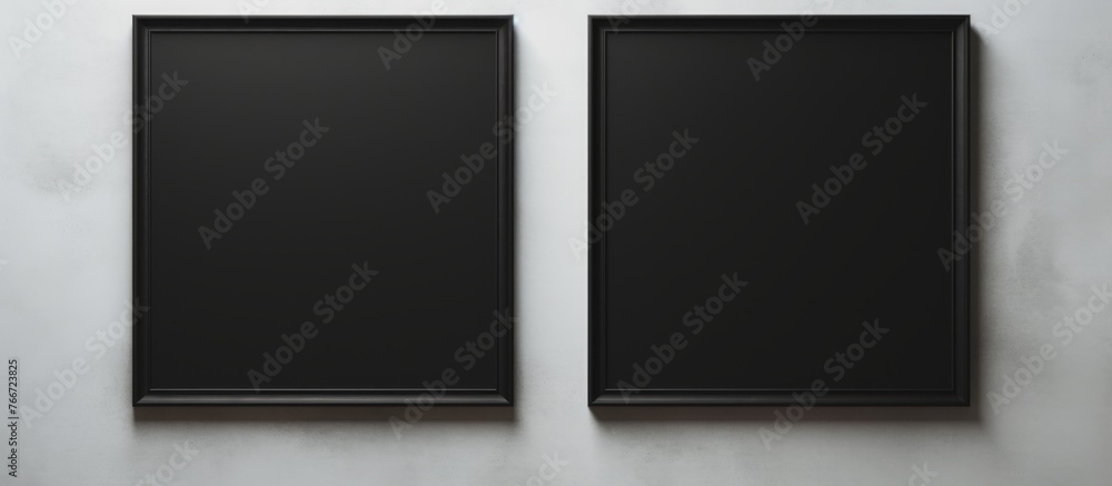 Poster two rectangular black frames with metal rims are symmetrically hanging on a white wall. the contrast