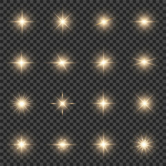 Obraz na płótnie Canvas Set of realistic golden burst lights, bright stars, sparkles. Vector illustration on a transparent background