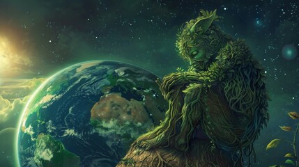 Whimsical artwork showing a nature deity character hugging the earth, symbolizing nurture and care