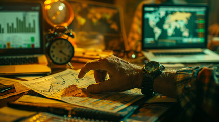 Intimate shot of a financial analyst's hand over a recession graph, embodying the weight of economic analysis, with a cluttered desk and a ticking clock in the dim light - obrazy, fototapety, plakaty