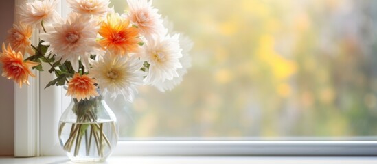A beautiful bouquet of flowers is displayed in a vase on the windowsill, with petals of various...