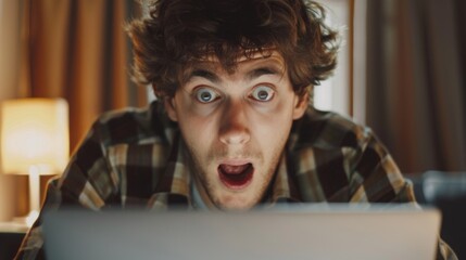 Happy excited man looking at laptop monitor screen. Background concept