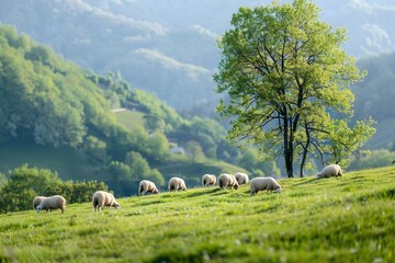 Obraz premium A herd of sheep grazing on lush green pastures in springtime.