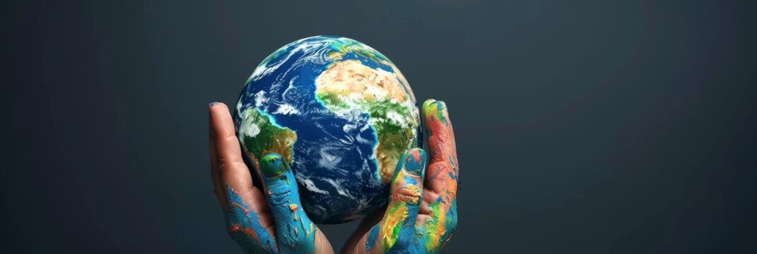 Captivating image of vibrant painted hands tenderly surrounding a globe, symbolizing environmental stewardship
