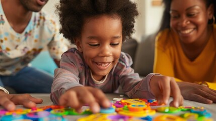 The child enthusiastically engages with a unique toy that teaches math skills through fun and interactive games as their parents observe with pride. - obrazy, fototapety, plakaty