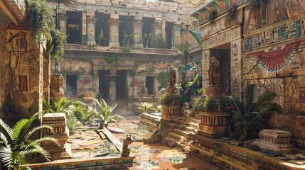 Create an intriguing design showcasing a front view of an ancient civilizations hidden treasures Include elements like temples, artifacts, and maps to evoke mystery and curiosity - obrazy, fototapety, plakaty