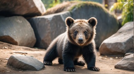 Fototapeta premium A baby bear in zoo looking at the camera from Generative AI