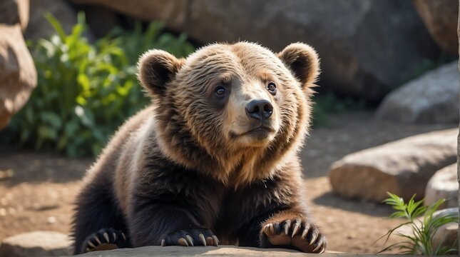 A baby bear in zoo looking at the camera from Generative AI