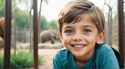 A happy kid boy in zoo looking at the camera from Generative AI
