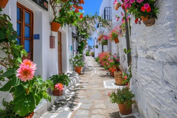 Fototapeta na wymiar Narrow street white walls flowerpots Greece
