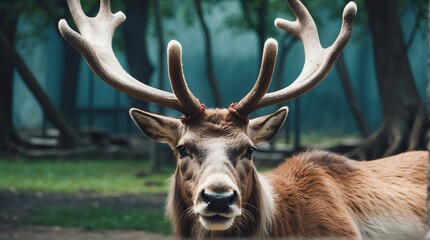 A reindeer in zoo looking at the camera from Generative AI - obrazy, fototapety, plakaty