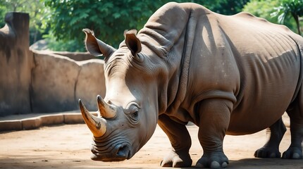 Fototapeta premium A rhinoceros in zoo looking at the camera from Generative AI