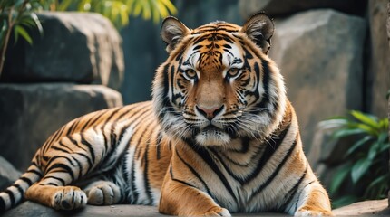 Fototapeta premium A tiger in zoo looking at the camera from Generative AI