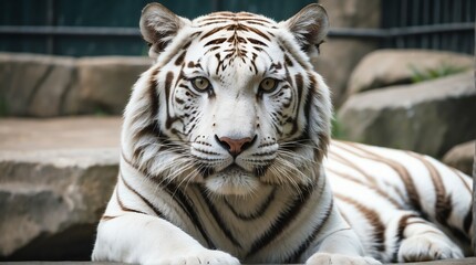 Naklejka premium A white tiger in zoo looking at the camera from Generative AI